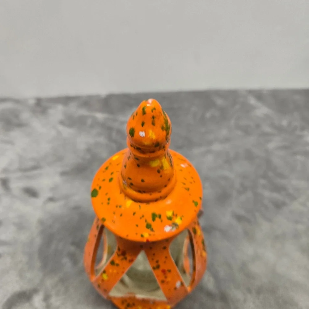 Vintage‎ Orange Splatter Ceramic Tea Light Lantern with Hobnail Glass Insert